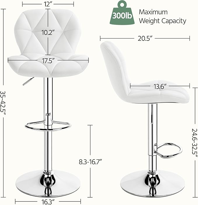 Yaheetech Barstools Set of 2, PU Leather Counter Stools Bar Chairs with Backrest, Height Adjustable Swivel Tall Chairs for Home Bar Kitchen Island, White
