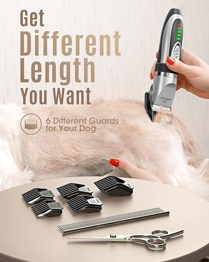 oneisall Low Noise 2-Speed Quiet Dog Grooming Kit - Rechargeable Cordless Pet Hair Clipper Trimmer Shaver for Small and Large Dogs, Cats and Animals (Silver)