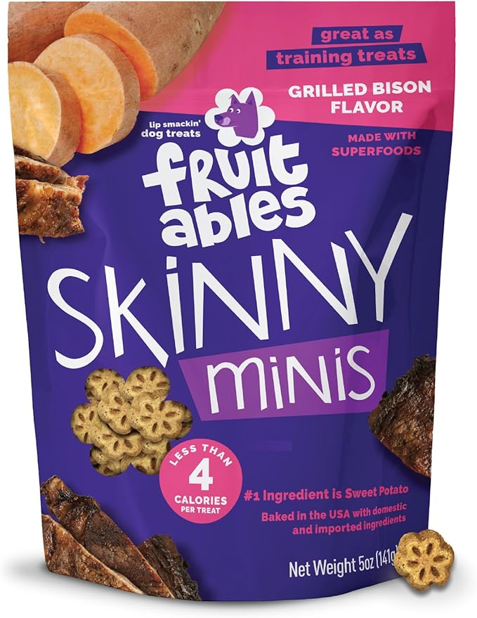 Fruitables Skinny Minis Dog Treats, Healthy Sweet Potato Treat for Dogs, Low Calorie & Delicious, Puppy Training, No Wheat, Corn or Soy, Made in the USA, Grilled Bison Flavor, 5oz
