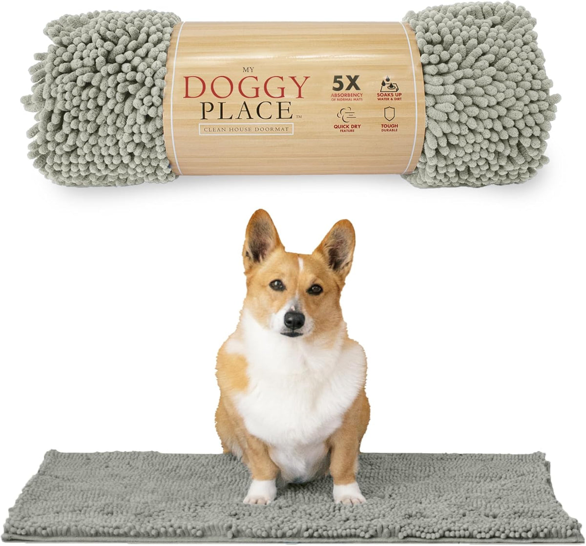 My Doggy Place Microfiber Dog Mat for Muddy Paws, 31" x 20" Light Gray - Absorbent and Quick-Drying Dog Paw Cleaning Mat, Washer and Dryer Safe - Non-Slip Rubber Backed Dog Floor Mat, Medium