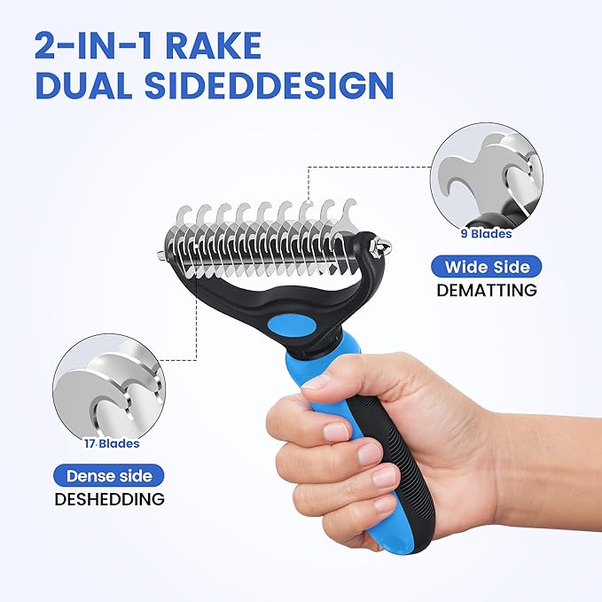 Double-Sided Pet Grooming Rake - 4-in-1 Professional Pet Grooming Kit, Deshedding Dematting Tool for Dogs, Cats, Extra-Wide Grooming Brush & Deshedder Comb for Long and Short Haired Pets (4PCS Blue)