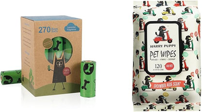 Pet Waste Bags and Wet Wipes Bundle, 270 Biodegradable Bags, 120 Aloe Vera Wipes
