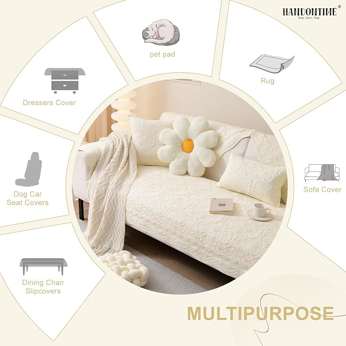 HANDONTIME Cotton Couch Cover for Dogs Breathable & Pet-Friendly Sofa Cover, Embroidery Dog Couch Cover Elegant Floral Quilted Slipcover, Non-Slip Washable Furniture Protector (Ivory, 35.4" x 63)