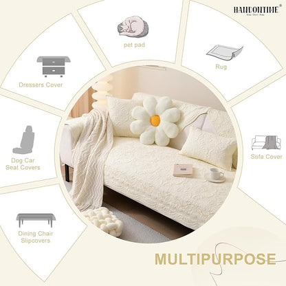 HANDONTIME Cotton Couch Cover for Dogs Breathable & Pet-Friendly Sofa Cover, Embroidery Dog Couch Cover Elegant Floral Quilted Slipcover, Non-Slip Washable Furniture Protector (Ivory, 35.4" x 63)