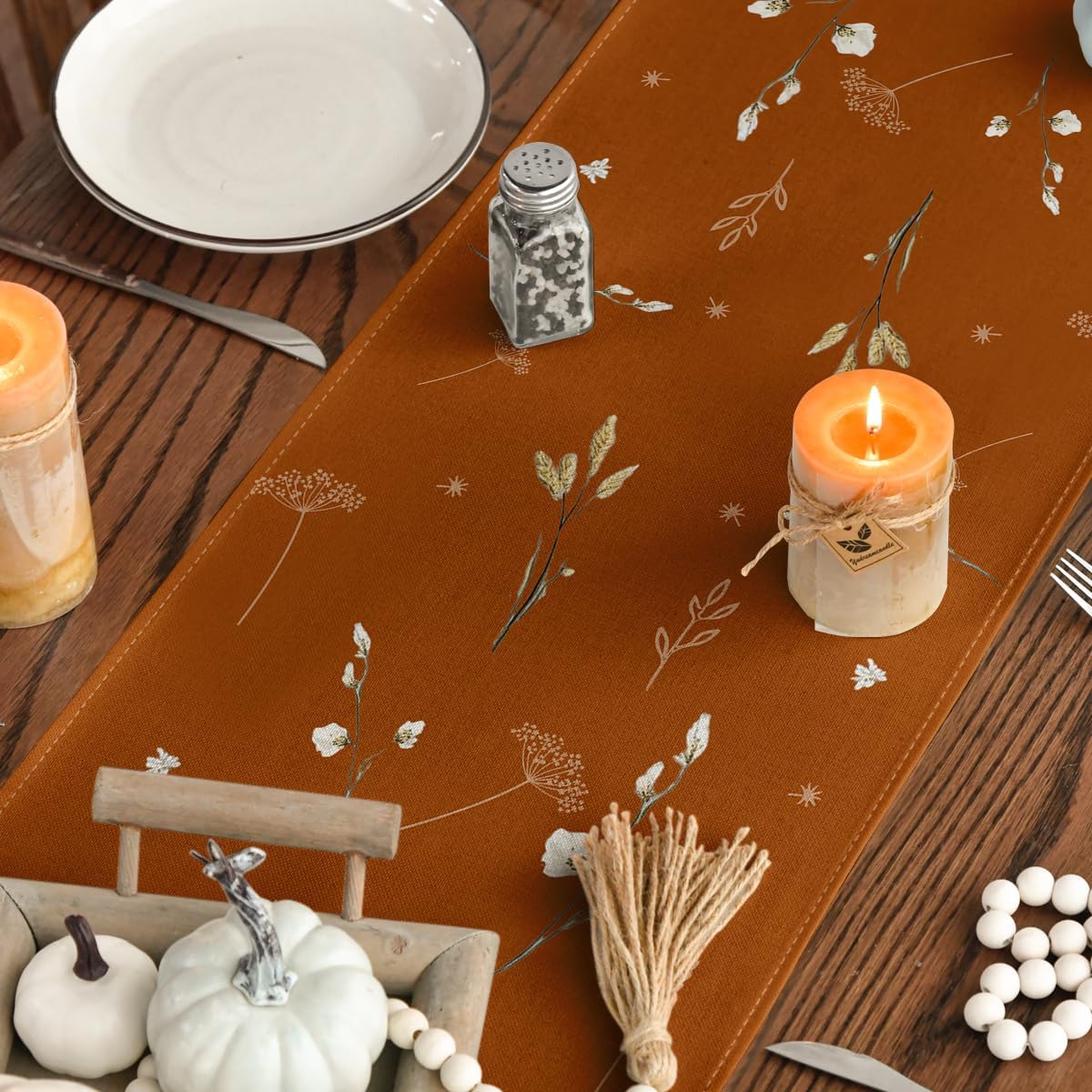 Artoid Mode Orange Pumpkins Leaves Flowers 210 GSM Fall Table Runner, Seasonal Autumn Kitchen Dining Table Decoration for Home Party Decor 13x72 Inch