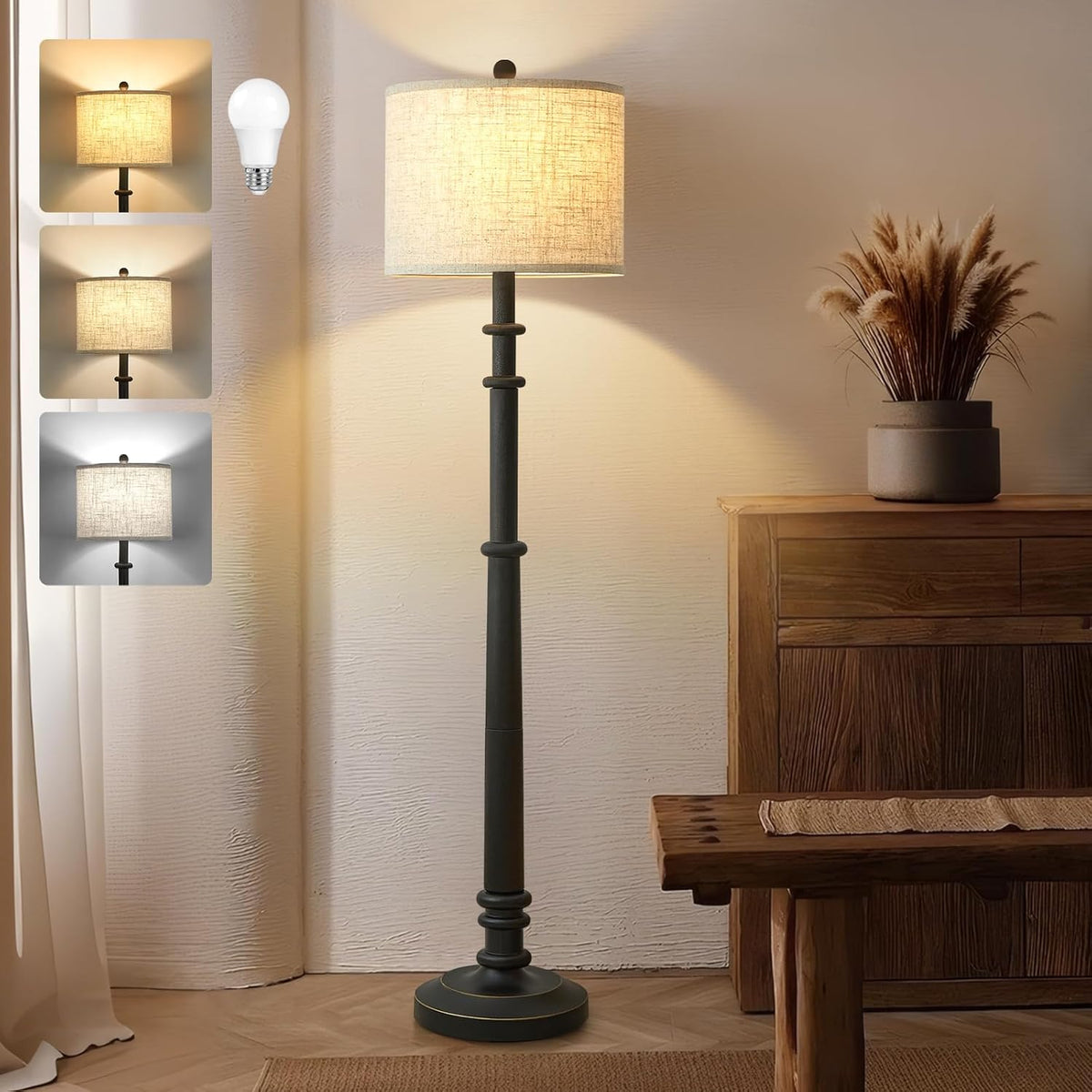 Floor Lamps for Living Room - 60" Resin Farmhouse Floor Lamp with 3 Color Temperatures - Vintage Standing Lamp Reading Light with Linen Shade Retro Tall Lamp for Bedroom Office, Black