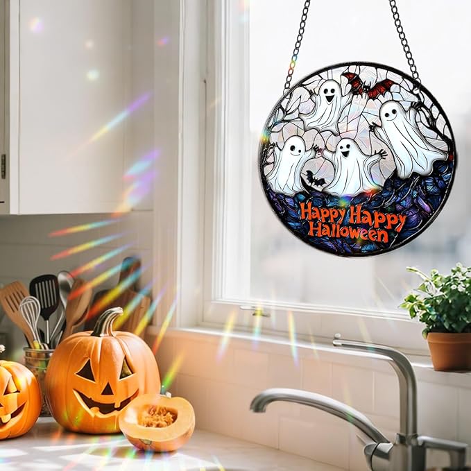 Halloween Sun Catcher - 8 Inch Round Suncatcher for Window Hanging Decoration - Creates Indoor Rainbows Light Refraction - Spooky Ghost, Witch, Pumpkin Design - Suction Cup Hook & Chain
