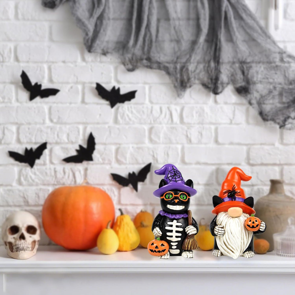 Halloween Gnome Decorations Black Cat Decor 2 PCS Home Vintage Figurines Funny Resin Tabletop Ornaments Indoor Holiday Collectible Statue for Women Men Kids