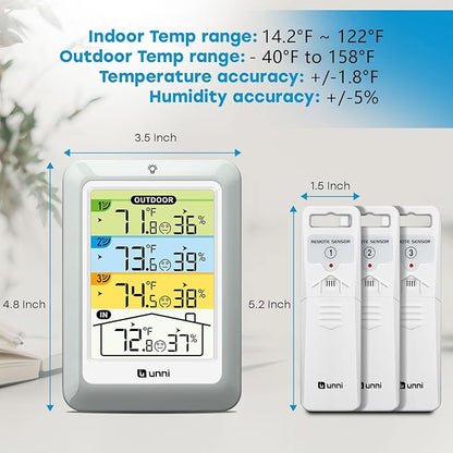Indoor Outdoor Thermometer Wireless with 3 Sensors, 4.5 Inch Display with 330ft Range and Adjustable Backlight (Colorful)