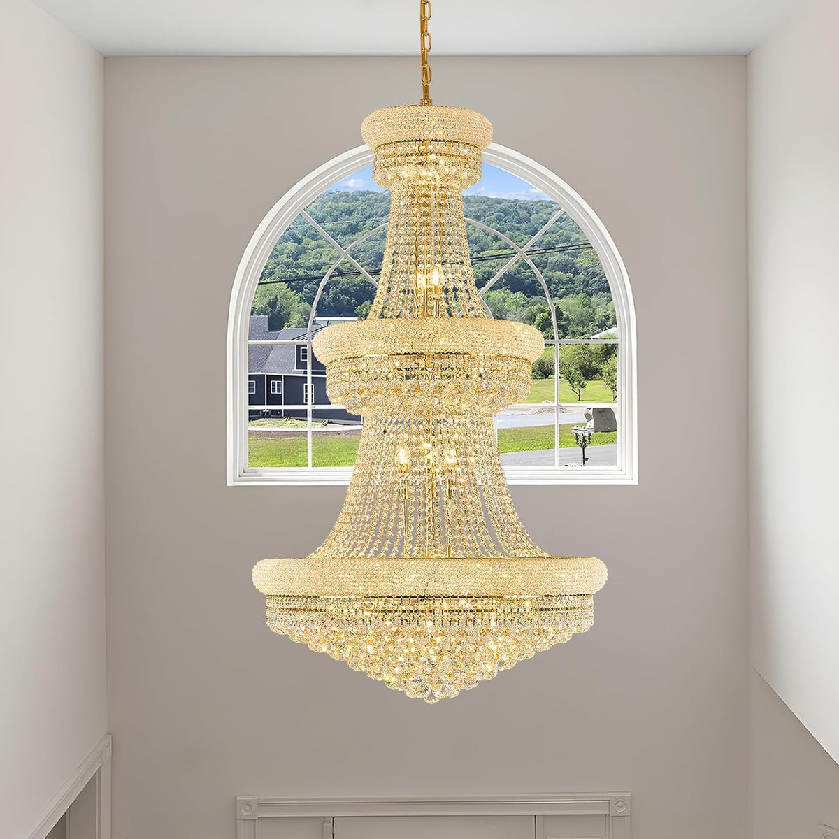 31 - Light Large Empire Crystal Chandelier for High Ceiling Foyer Entryway Staircase Living Room Dining Room Gold Finish