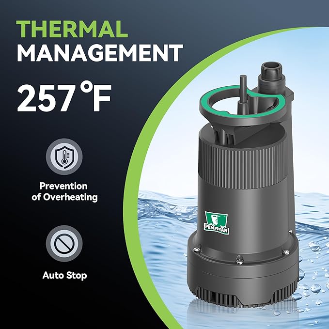 PUMPMAN 1/4HP Portable Water Pump, 2110GPH Submersible Utility Pump with 3/4” Garden Hose Check Valve Adapter Electric Sump Pump, 120V, Removal for Pool Draining Basement Hot Tubs Garden