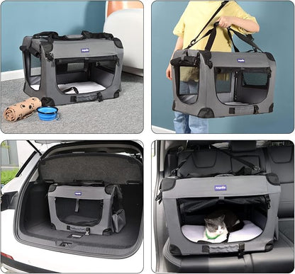 Petprsco Portable Collapsible Dog Crate, 24" Soft Dog Crate for Car Travel | Includes Mat, Blanket & Bowl, Strong Fabric, 4-sided Mesh Vents, 3 Doors, Fit Small Dogs & Large Cats Indoor and Outdoor Use