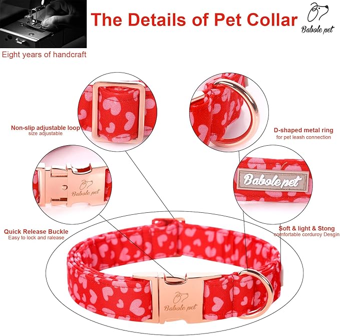 Valentines Dog Collar, Red Pink Heart Valentine Pet Collar with Metal Buckel, Durable Adjustable Holiday Dog Collars for Small Medium Large Dogs L