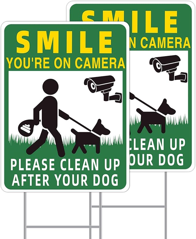 Clean UP After Your Dog Signs, 2-Pack 13"x10" Double-Sided H-Stake Metal Stakes Smile Your on Camera Signs, No Pooping Dog Signs for Yard, Pick Up After Your Dog Sign