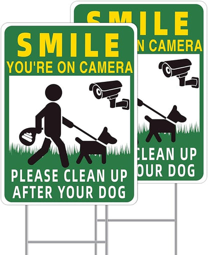 Clean UP After Your Dog Signs, 2-Pack 13"x10" Double-Sided H-Stake Metal Stakes Smile Your on Camera Signs, No Pooping Dog Signs for Yard, Pick Up After Your Dog Sign