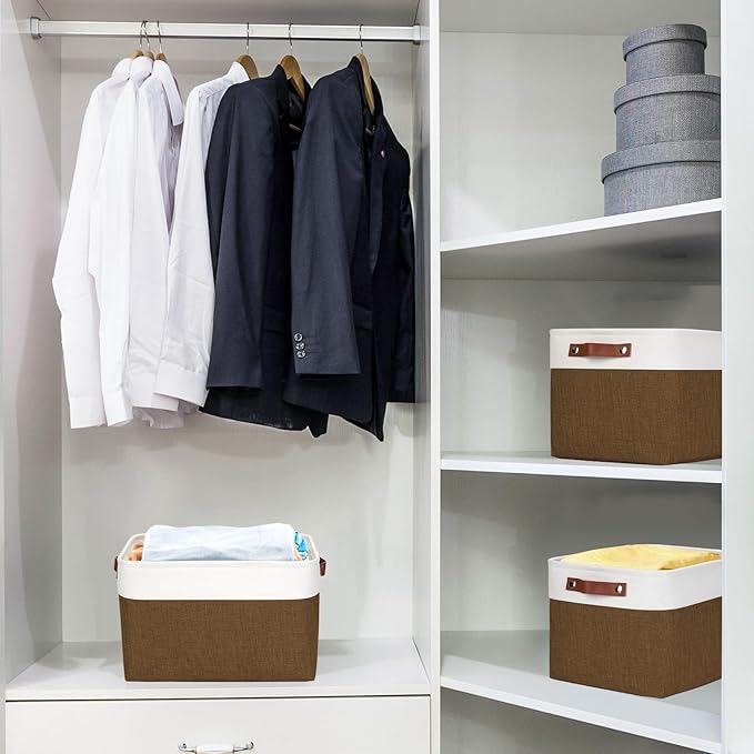 Storage Bins Large Fabric Storage Baskets for Shelves 3 Pack, Decorative Linen Closet Baskets with Handles for Organizing, Shelf, Clothes, Home, Office, 15x11x9.5Inches (Brown&White)