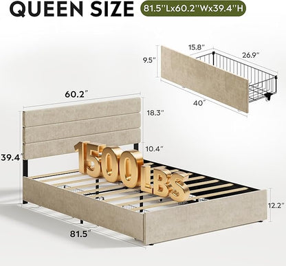 WLIVE Queen Size Upholstered Bed Frame with 4 Drawers and Velvet Square Tufted Headboard, Sturdy Metal & Wooden Slats Support, No Box Spring Needed, Easy Assembly, Beige