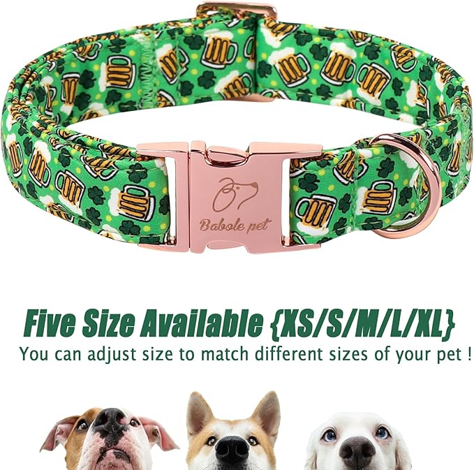 St. Patrick's Day Dog Collar, Beer & Clover Green Dog Collars, Adjustable Heavy Duty Irish Shamrock Pet Collar for Small Medium Large Dogs with Metal Buckle XS