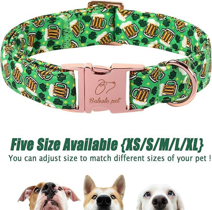 St. Patrick's Day Dog Collar, Beer & Clover Green Dog Collars, Adjustable Heavy Duty Irish Shamrock Pet Collar for Small Medium Large Dogs with Metal Buckle XS