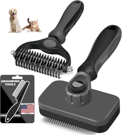 3PCS Self Cleaning Slicker Brush & Pet Grooming Rake & Flea Comb for Dogs,Cats and Horses | Double-Sided Dematting Comb & Skin Friendly Deshedding Grooming Tool | Premium Pet Supplies（Gray)