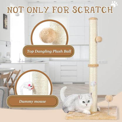 ANWA 32" Tall Cat Scratching Posts for Indoor Cats, 3-in-1 Vertical Cat Scratching Post with Plush Toys, Premium Sisal Post for Cats at All Ages with Reinforced Stable Base, Beige