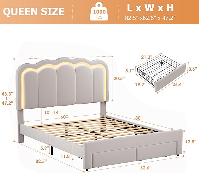Queen Upholstered LED Bed Frame with 2 Storage Drawers and Adjustable Chic Double Wavy Headboard, Velvet Prince Platform Bed with Charing Station, Solid Wood Slats Support,No Box Spring Needed,Grey