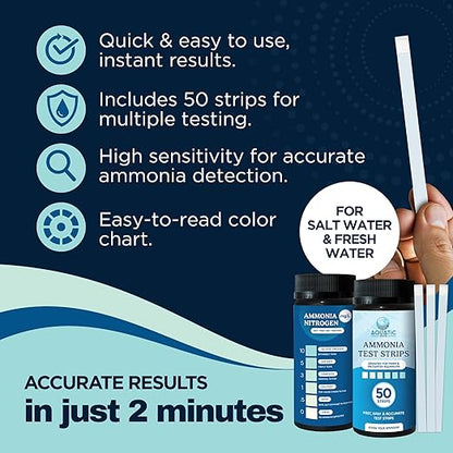 Aquarium Ammonia Test Strips (50 Pack) – Fast & Accurate Ammonia Testing for Freshwater & Saltwater Fish Tanks – Easy-to-Use Test Kit to Detect Harmful Ammonia Levels & Keep Your Fish Healthy