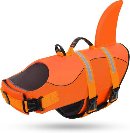 Dog Life Jacket, Dog Life Vest for Swimming, Puppy Shark Swimming Vest with Rescue Handle, Reflective Adjustable Pet Lifesaver Preserver for Small Dogs, Orange S