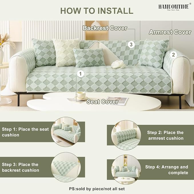 HANDONTIME Non-Slip Pet Couch Cover Washable, Plush Faux Fur Couch Protector for Cushion Pet-Friendly Sofa Covers for Dogs, Checkered Diamond Sectional Covers Dog Mat for Sofa (Green, 35.6" x 82.7")