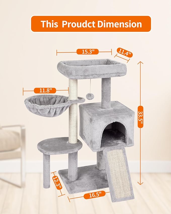 FISH&NAP Cute Cat Tree Kitten Cat Tower for Indoor Cat Condo Sisal Scratching Posts with Jump Platform Cat Furniture Activity Center Play House Grey