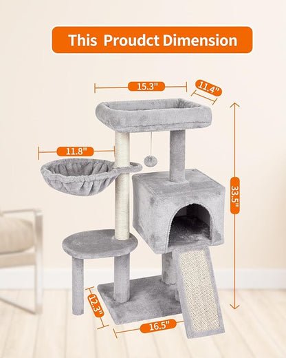 FISH&NAP Cute Cat Tree Kitten Cat Tower for Indoor Cat Condo Sisal Scratching Posts with Jump Platform Cat Furniture Activity Center Play House Grey