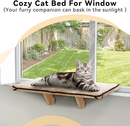 PETSFIT Cat Window Perch for 2 Cats, Adjustable Cat Hammock with Removable Fleece Mat, Natural Solid Wood Design, Easy to Assemble Window Perch for Large Cats, Fits Windowsill, Bedside & Drawer