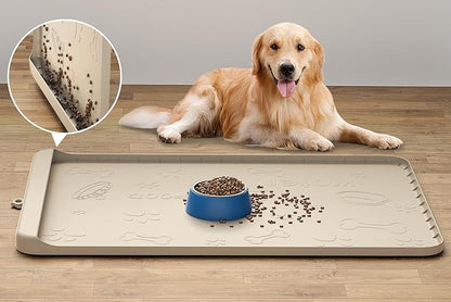 Dog Food and Water Mat 28x20 Inch Sand Color - Non-Slip Silicone Mat with High Edges & Residue Pocket - Waterproof Pet Feeding Mat for PET