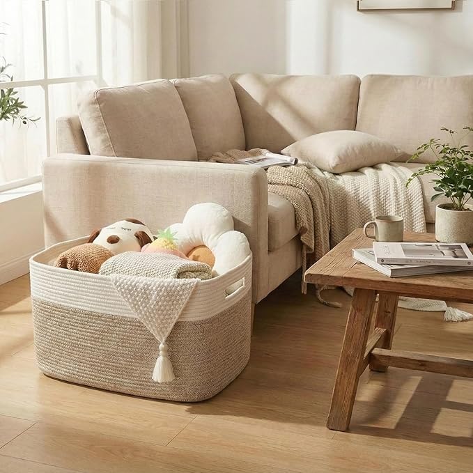 Woven Blanket Basket,65L Large Storage Bin for Blankets Toys Clothes,Decorative Rope Basket for Living Room Bedroom with Handles, White&Oatmeal