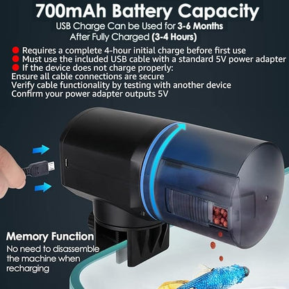 Lukovee Automatic Fish Feeder,New Generation Feeding Time Display USB Rechargeable Timer Moisture-Proof Aquarium or Fish Tank Food Dispenser with 200ML Large Capacity for Vacation Weekend Holiday,Blue