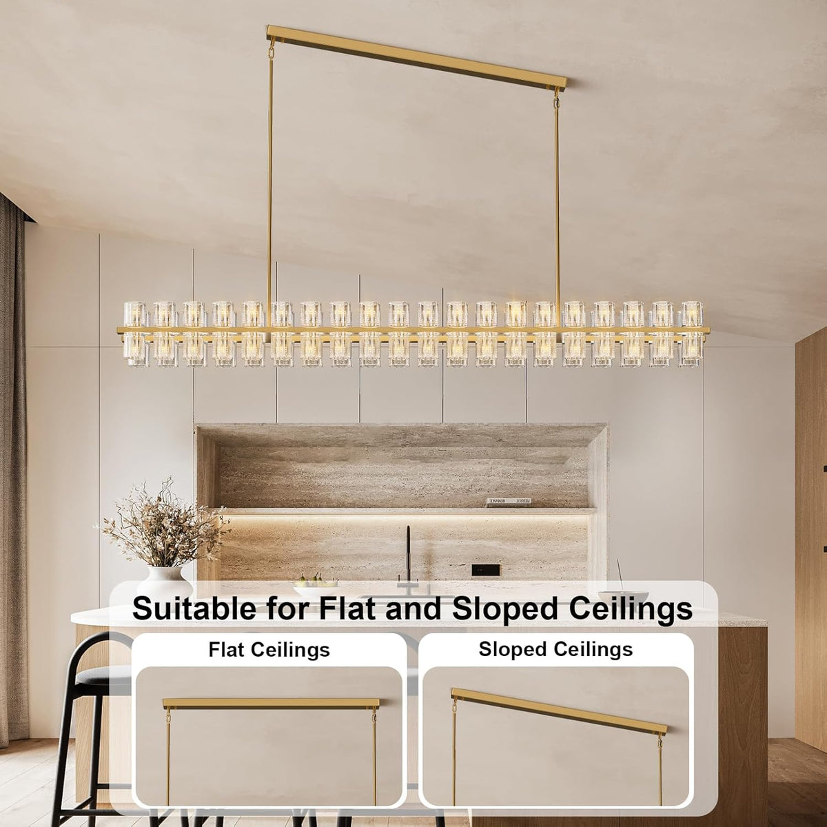 Crystal Brass Rectangular Chandelier Light Fixture,72 in Dining Room Chandeliers Over Table,Modern Chandelier For Living Room,Arcachon Chandeliers,Kitchen Island Chandelier,Includes 80xG4 Bulbs