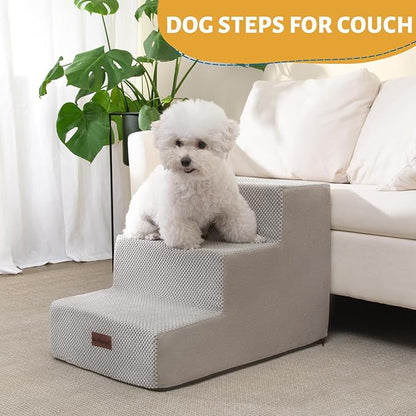 Dog Stairs for Small Dogs & Cats, 3-Step Extra Wide Non-Slip Pet Steps for Couch Sofa and Chair, Light Grey, 15.7" H