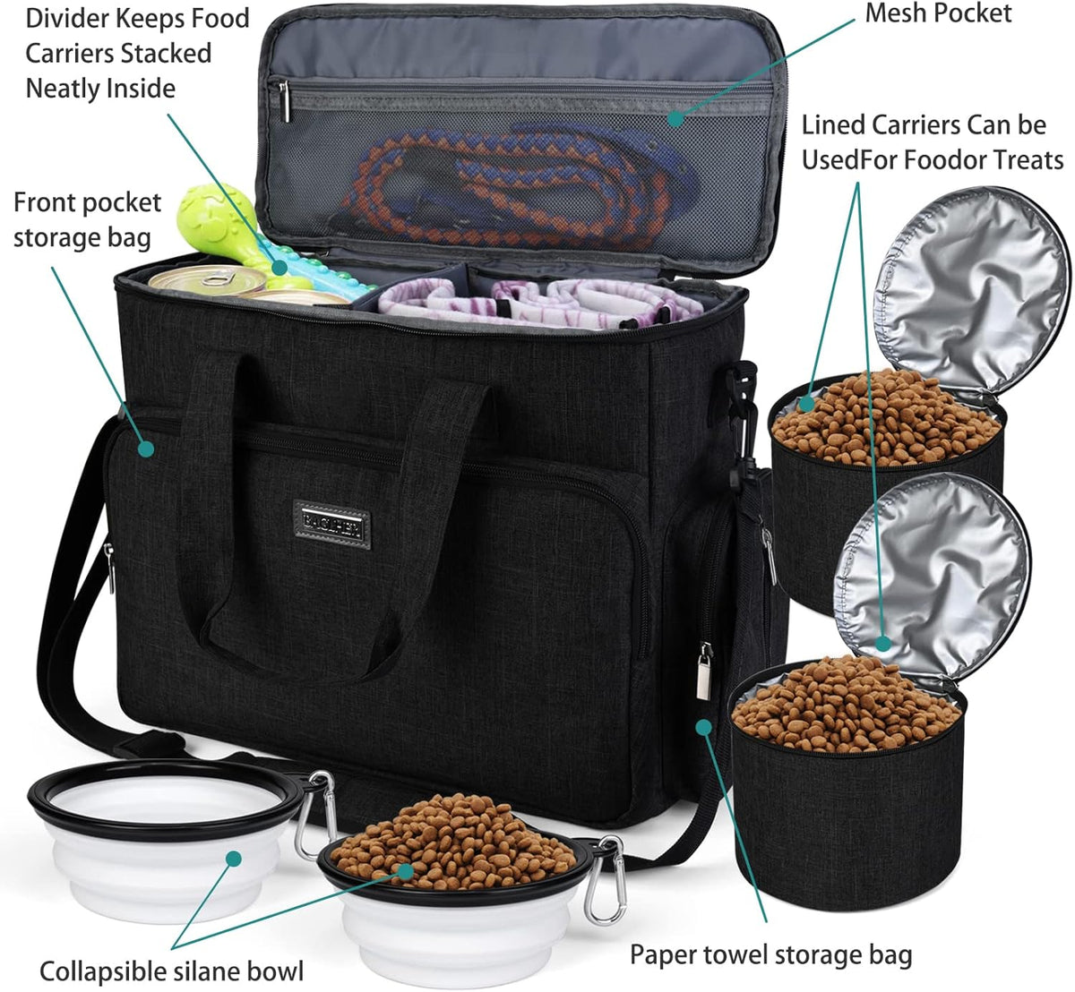 BAGLHER Dog Travel Bag, Airline Approved Pet Tote Organizer with Multi-Function Pockets, 2 X Food Storage Containers and 2 X Collapsible Dog Bowls, Perfect Weekend Pet Travel Set for Dog, Cat Black