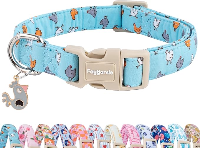 Faygarsle Funny Chicken Pattern Dog Collar, Cotton Fabric, Light Blue with Farm Animal Print for Small Medium Large Dogs M