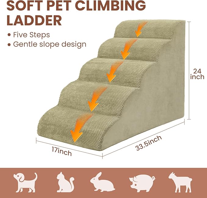 5 Steps Dog Stairs for Bed, 24" Dog Steps for High Bed, High Density Pet Steps for Small Dogs, Extra Wide Non-Slip Dogs Ramp for Injured, Older Pets, Small Cats, Camel