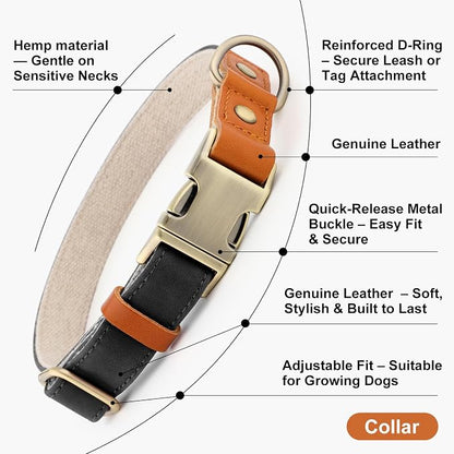 Plutus Pet Genuine Leather & Hemp Dog Collar – Adjustable Heavy Duty Pet Collar with Quick Release Metal Buckle, Soft & Stylish for Puppy and Small, Medium, Large Dogs (Black, S)