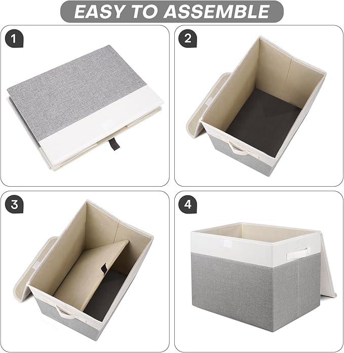 Large 22 Quart Linen Fabric Foldable Storage Bin Cube Organizer Basket with Flip-Top Lid & Handles, Clothes Blanket Box for Home, Office, Closet, Gray & White, 4 Pack 14.6 x 9.5 x 9.5”