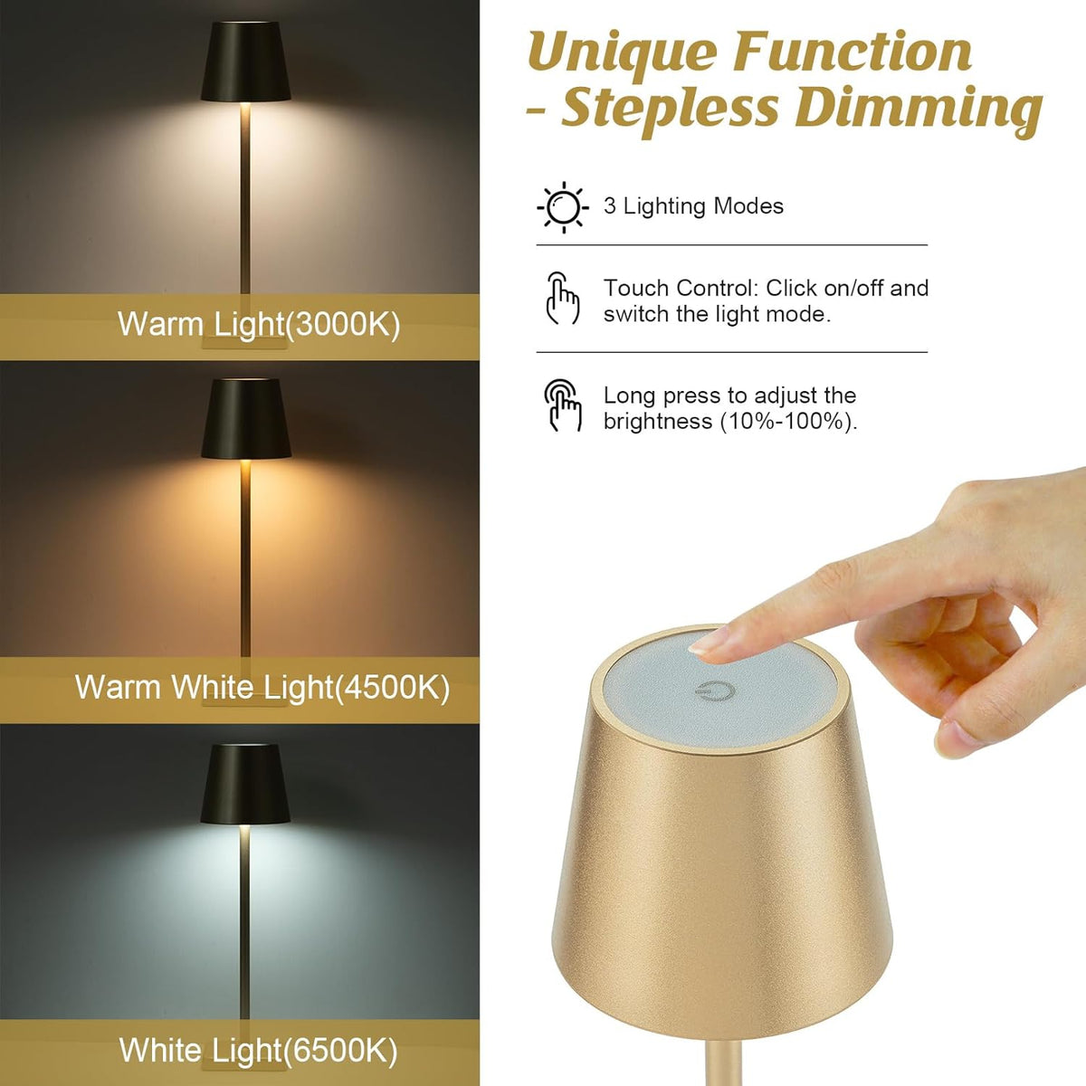 HASUN 2 Pack Rechargeable Table Lamp, LED Cordless Desk Lamp, 5200mAh Battery Operated Table Light, Aluminum Shell, 3 Color Stepless Dimming Up Waterproof for Coffee Table/Indoor/Outdoor (Gold)