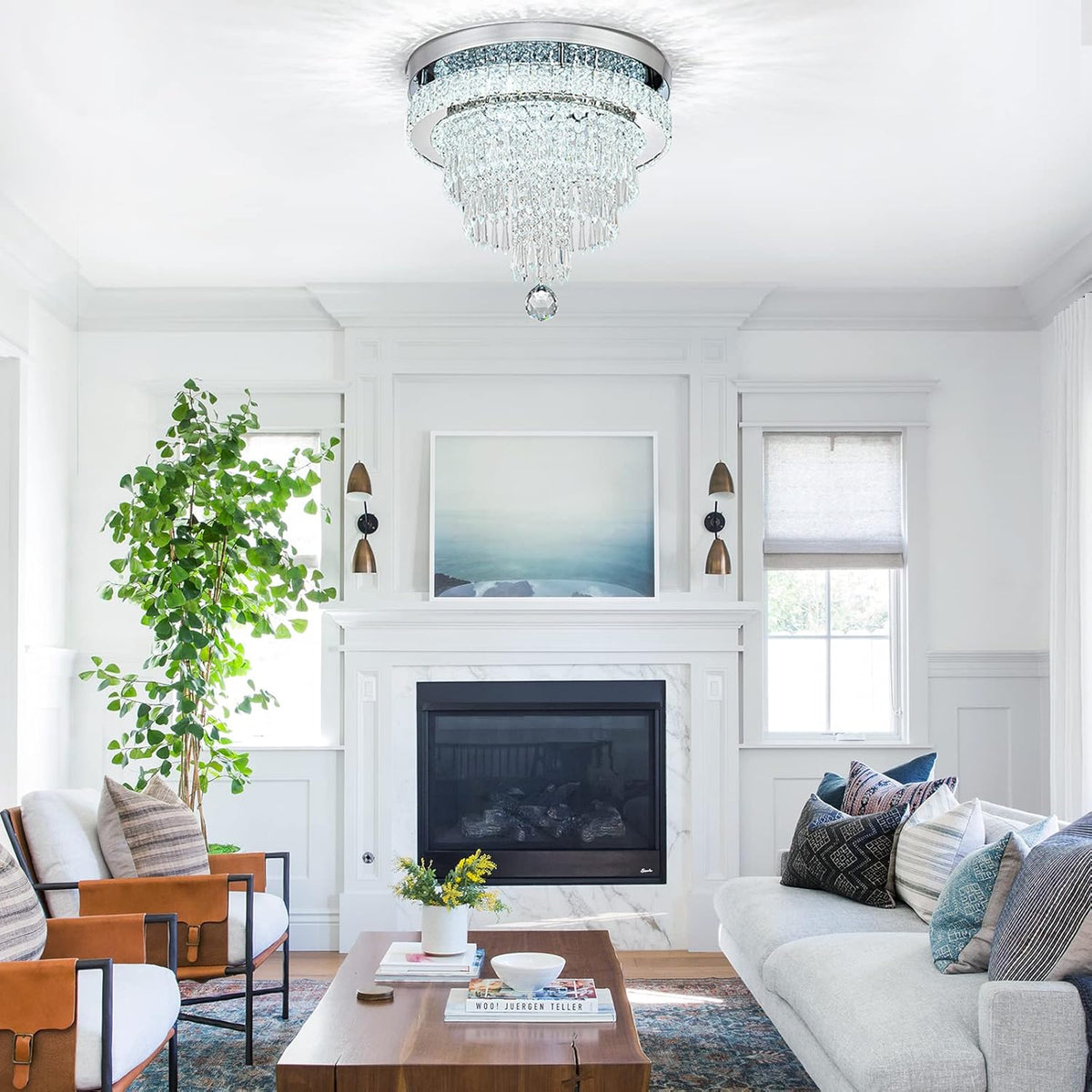 16“ Crystal Chandeliers Light Flush Mount Ceiling Light Fixtures Round Modern LED Chandelier for Living Room Bedroom Dining Room Closet Hallway (Cool White)