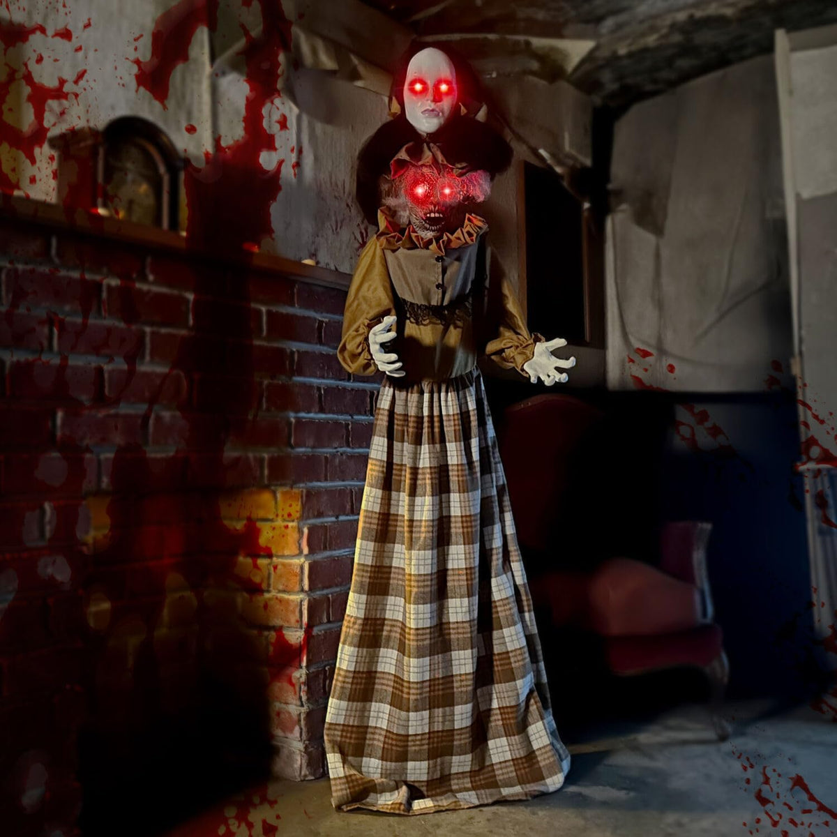 Haunted Hill Farm Lifesize Animatronic Scary Haunted Woman with Touch Activated Lights and Sound, Battery-Operated Indoor or Covered Outdoor Halloween Decoration
