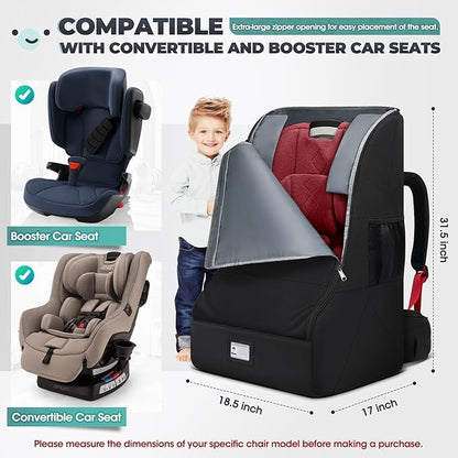RAINSMORE Padded Car Seat Travel Bag for Airplane Heavy Duty Car Seat Backpack for Air Travel Baby Carseat Cover Bags for Airport Large Car Seats Carrier Fits Car Seats & Booster Seats, Black
