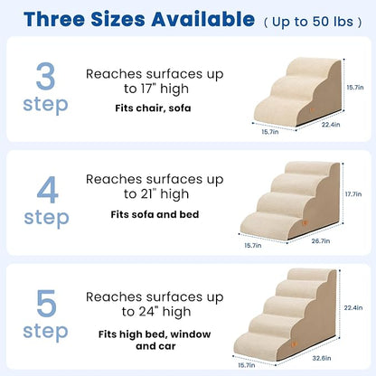 5 Step Dog Stairs for High Bed,Non-Slip Pet Ramp for Small Dogs and Cats | High-Density Foam Support with a Stable 5-Step Design for Easy, Comfortable Access to High Beds with Washable Cover,Khaki