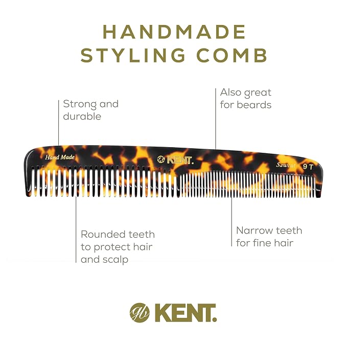 Kent 9T Fine Tooth & Wide Tooth Comb Detangler Hair Combs - Large Handmade & Saw-Cut Dressing Comb - Wet Hair Comb for Women, Durable Grooming Comb for Men, Made in England (Yellow Tokyo), 2 Count