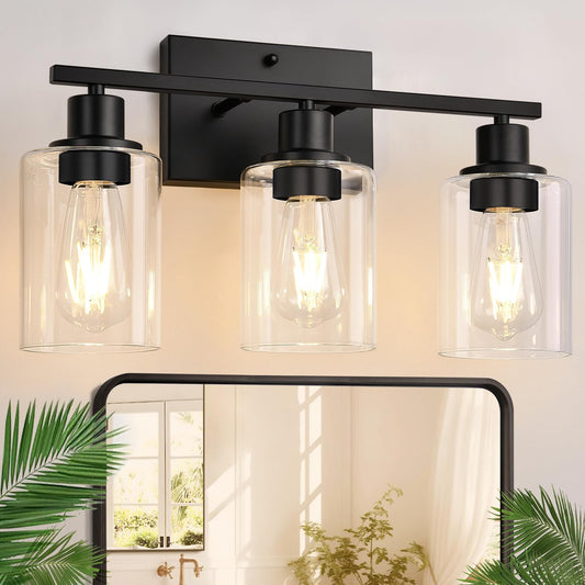 3 Light Bathroom Light Fixtures, Matte Black Modern Vanity Lights with Clear Glass Shade, Bathroom Wall Lamp for Mirror Kitchen Living Room Hallway Cabinet Porch