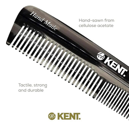 Kent R7TG Black Graphite Double Tooth Hair Pocket Comb, Small Fine/Wide Tooth Comb For Styling Hair, Beard and Mustache, for Men, Women and Kids. Saw Cut and Hand Polished. Handmade in England